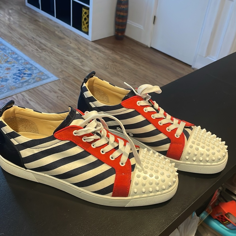 Christian Louboutin Red and Navy Striped Sneakers - Picture 2 of 5